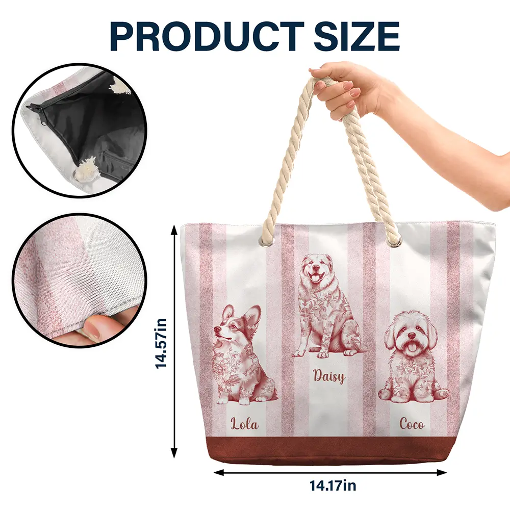 Gift For Yourself,Gift For Women,Dog Lovers,Dog Mom,Pet Lovers,Pet Mom,Summer,Happy - Chinoiserie Toile Dog On Stripes - Personalized Beach Bag