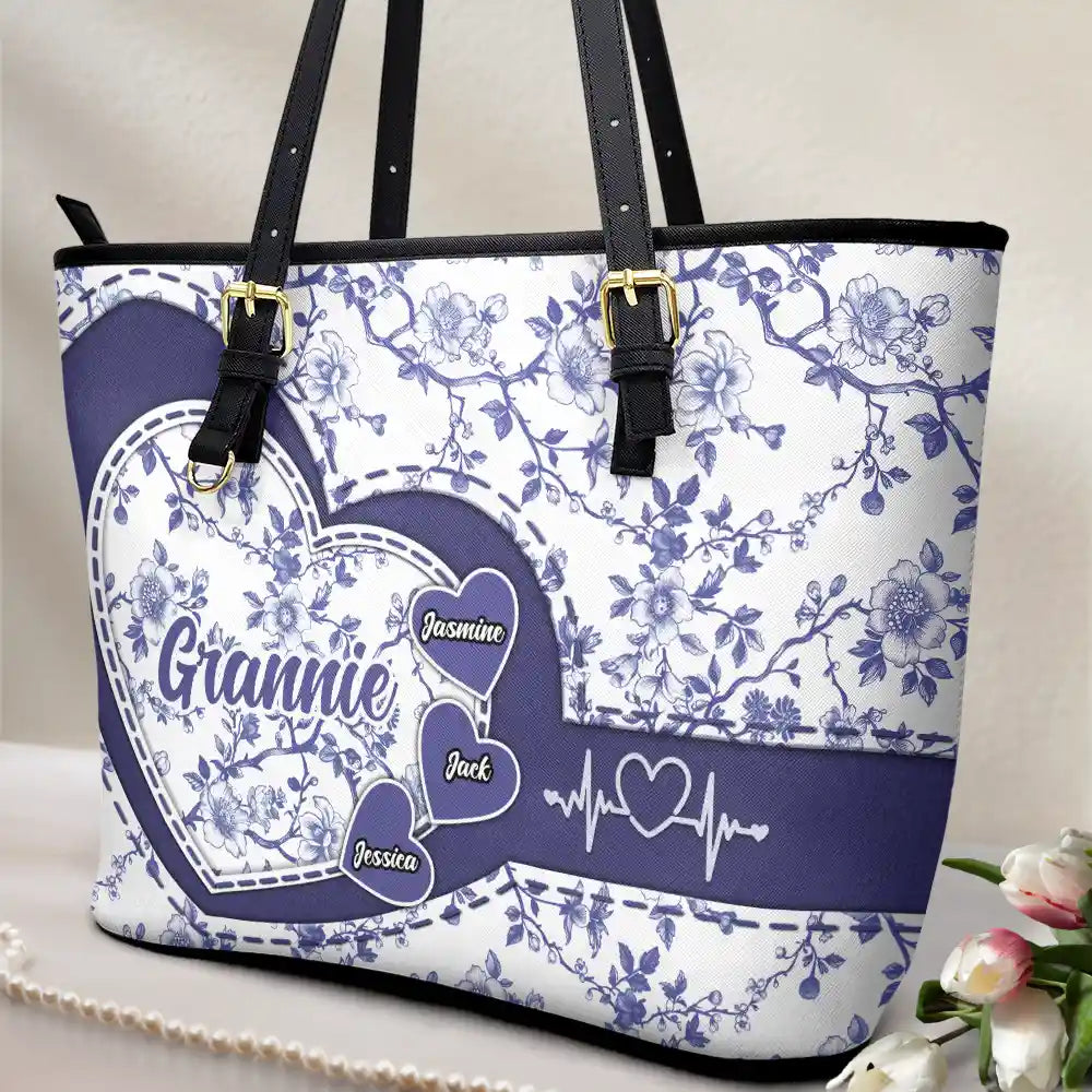 Gift For Mother,Gift For Grandma,Happy - Chinoiserie Toile Grandma Mom - Personalized Leather Tote Bag