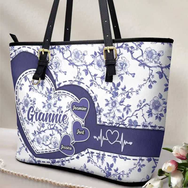 Gift For Mother,Gift For Grandma,Happy - Chinoiserie Toile Grandma Mom - Personalized Leather Tote Bag
