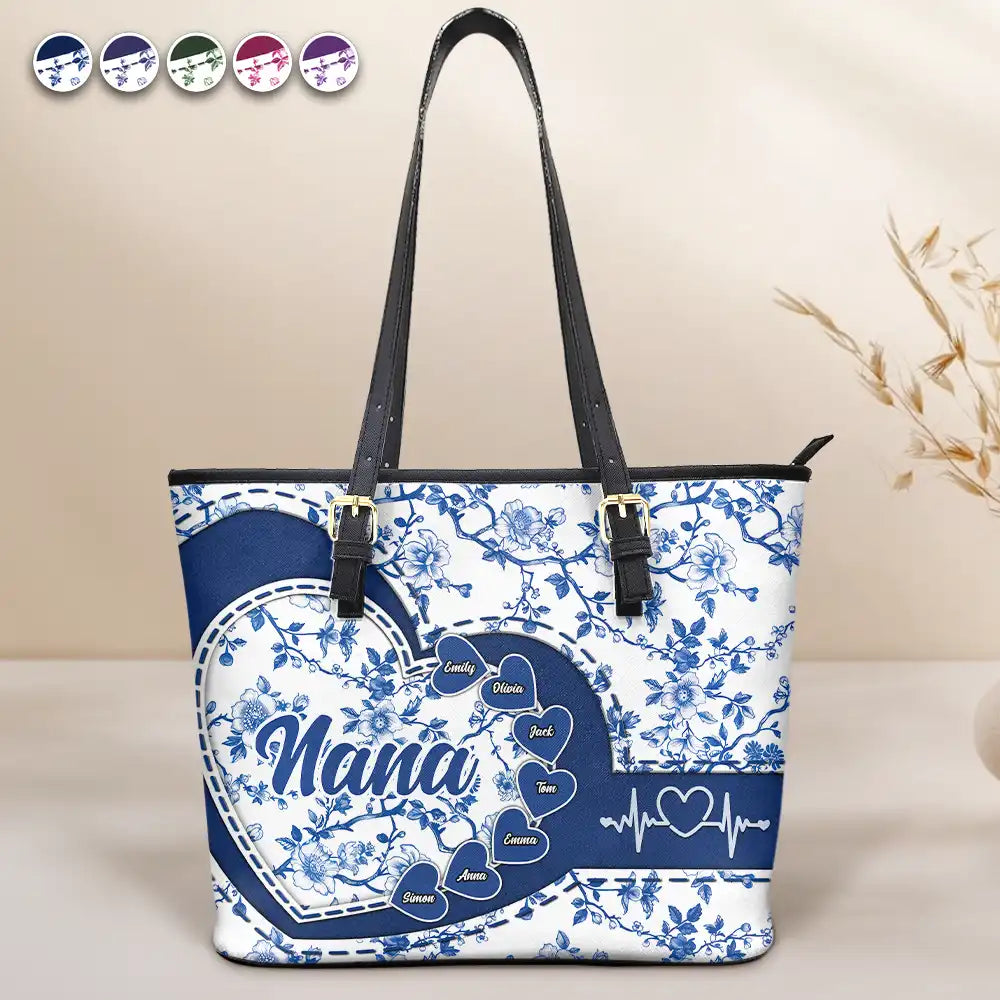 Gift For Mother,Gift For Grandma,Happy - Chinoiserie Toile Grandma Mom - Personalized Leather Tote Bag
