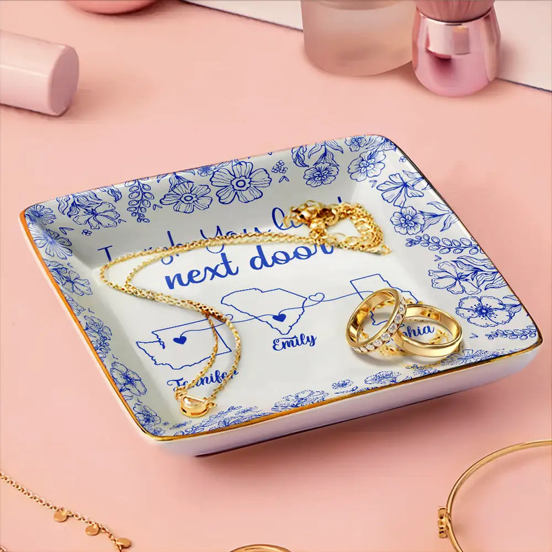 Gift For Bestie,Long Distance,Love - Chinoiserie Toile I Wish We Lived Closer - Personalized Ring Dish