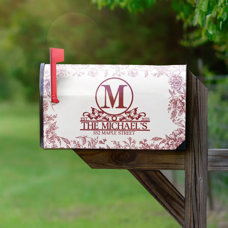 Family, Christmas - Chinoiserie Toile Monogram And Family Name - Personalized Mailbox Cover