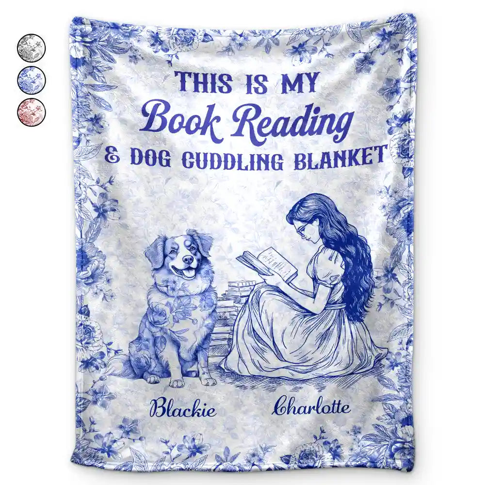 Reading,Gift For Women,Dog Lovers,Dog Mom,Pet Lovers,Pet Mom,Happy,Christmas - Chinoiserie Toile My Book Reading And Dog Cuddling - Personalized Fleece Blanket, Sherpa Blanket