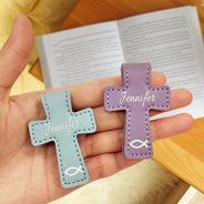 Christian, Reading, Gift For Yourself - Christian Symbol With Name Bible Verse Reference - Personalized Cross Leather Magnetic Bookmark