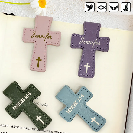 Christian Symbol With Name Bible Verse Reference - Personalized Cross Leather Magnetic Bookmark