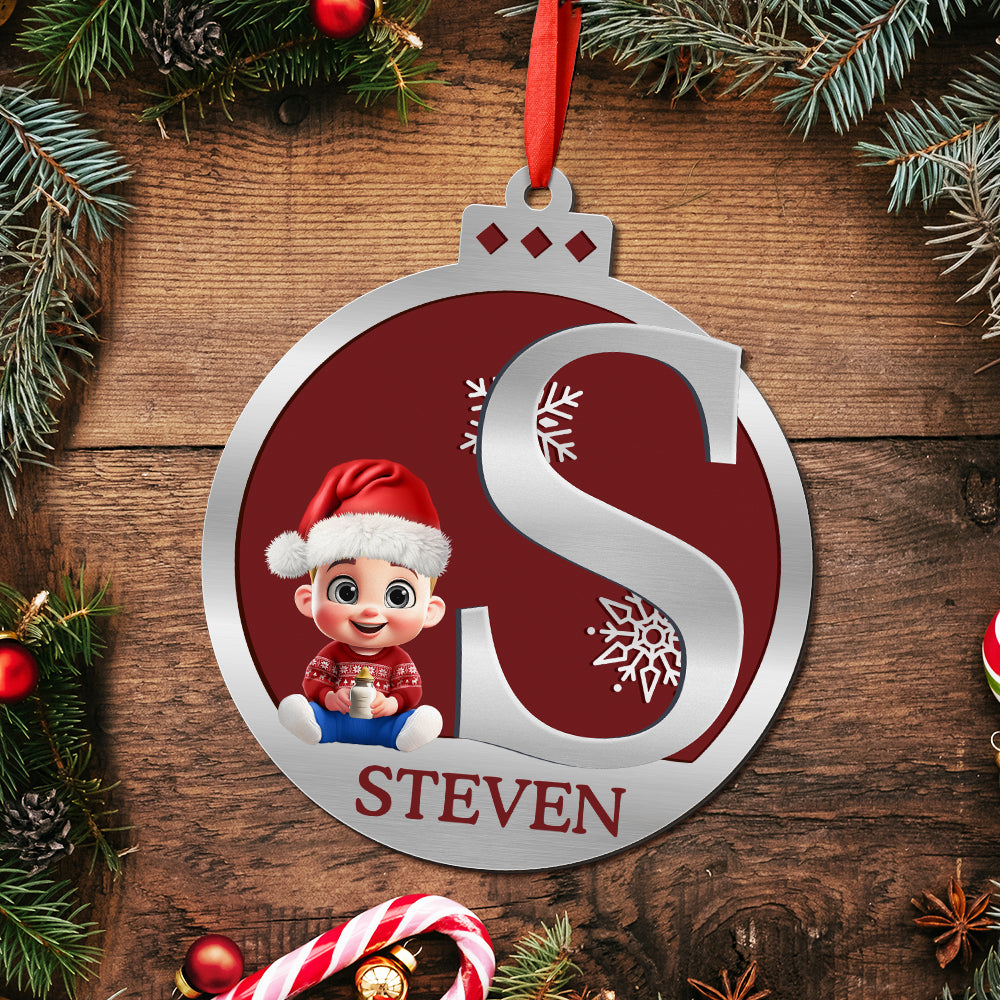 Gift For Kids,Happy,Christmas - Christmas Ball Monogram Kid 3D Effect - Personalized Metal Ornament