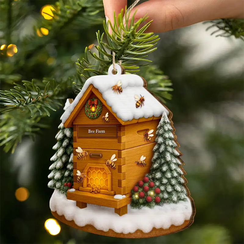 Gift For Yourself, Gift For Women, Gift For Men, Happy, Christmas - Christmas Bee Farm - Personalized Custom Shaped Wooden Ornament