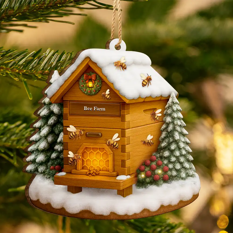 Gift For Yourself, Gift For Women, Gift For Men, Happy, Christmas - Christmas Bee Farm - Personalized Custom Shaped Wooden Ornament