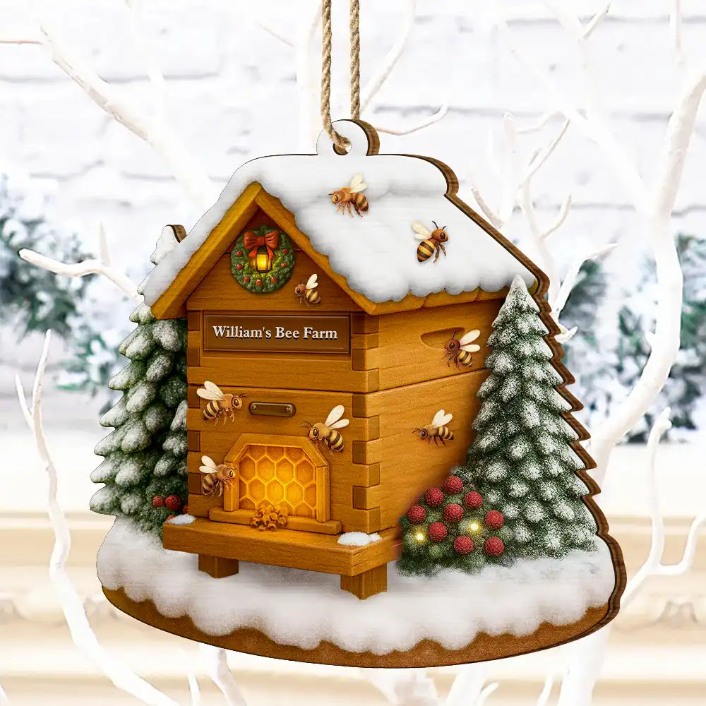 Gift For Yourself, Gift For Women, Gift For Men, Happy, Christmas - Christmas Bee Farm - Personalized Custom Shaped Wooden Ornament
