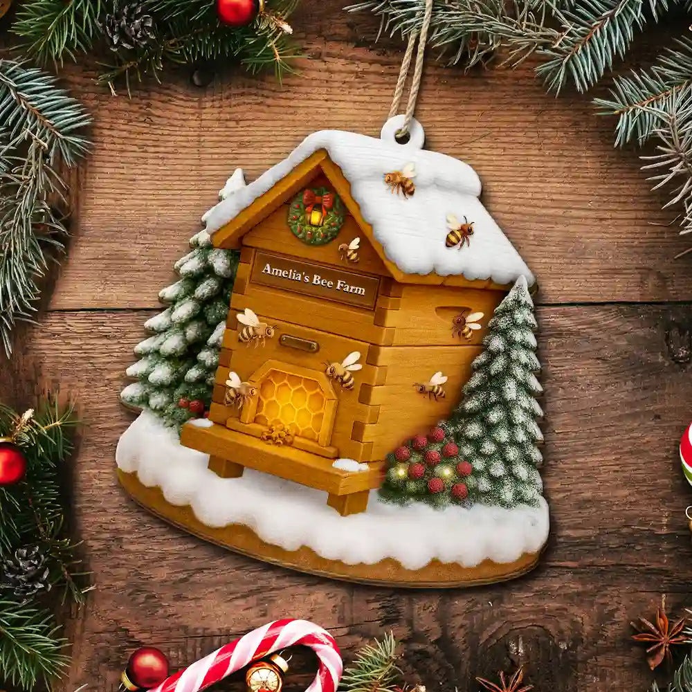 Gift For Yourself, Gift For Women, Gift For Men, Happy, Christmas - Christmas Bee Farm - Personalized Custom Shaped Wooden Ornament