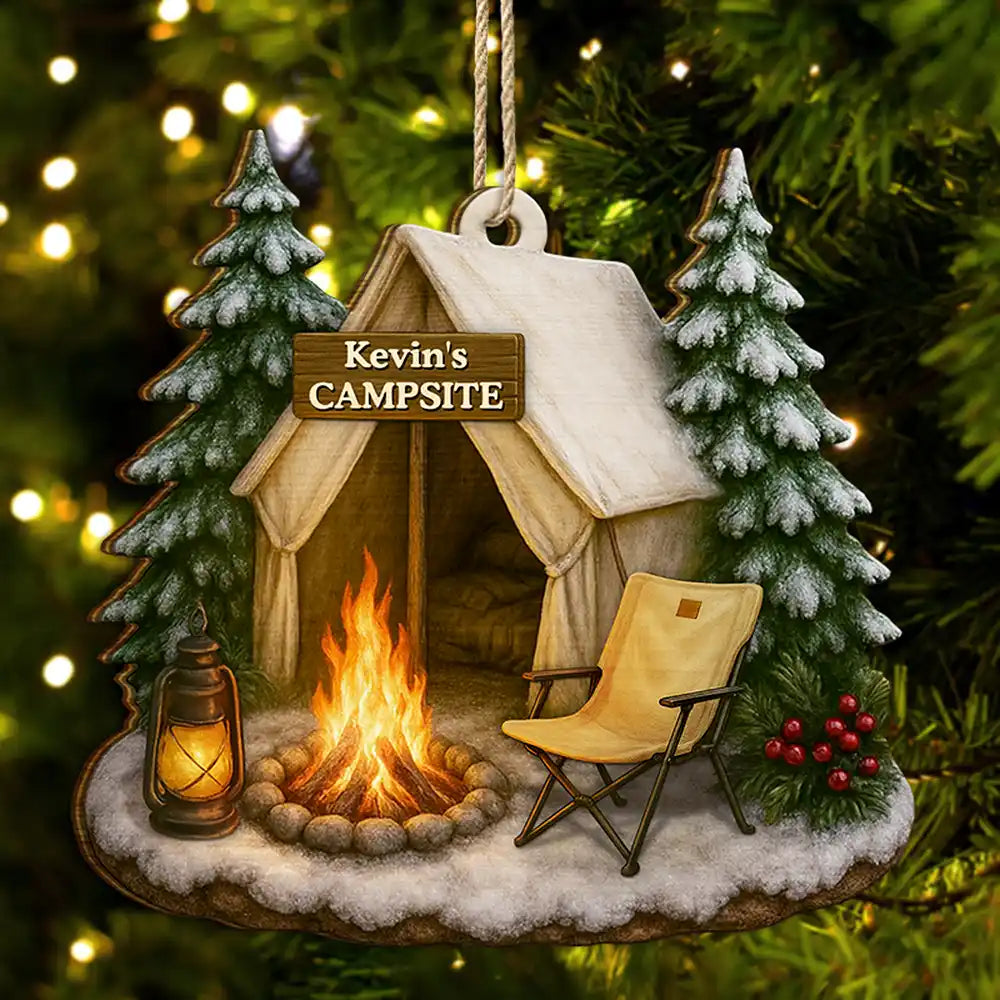 Christmas Campsite Scene - Personalized Custom Shaped Wooden Ornament