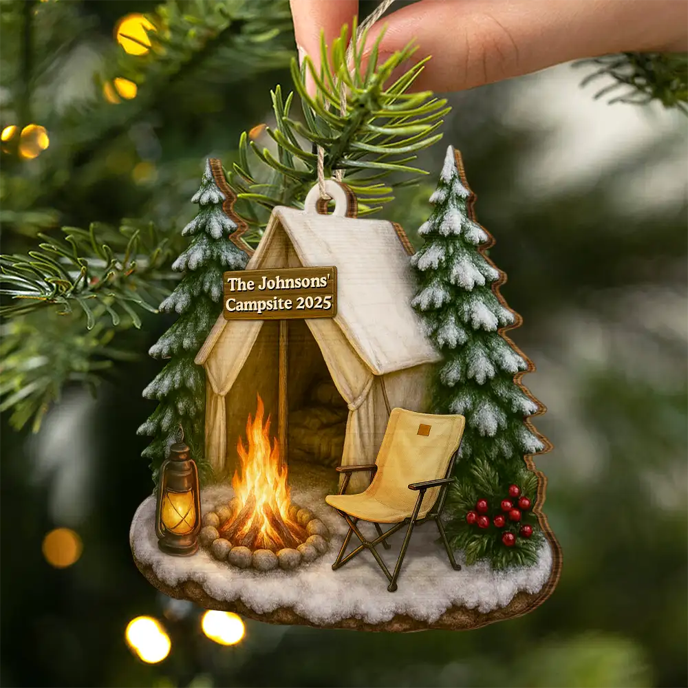 Camping,Campsite,Happy,Christmas,Gift For Couples,Family - Christmas Campsite Scene - Personalized Custom Shaped Wooden Ornament