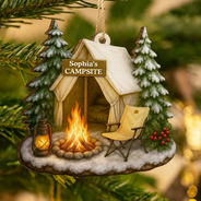 Camping,Campsite,Happy,Christmas,Gift For Couples,Family - Christmas Campsite Scene - Personalized Custom Shaped Wooden Ornament