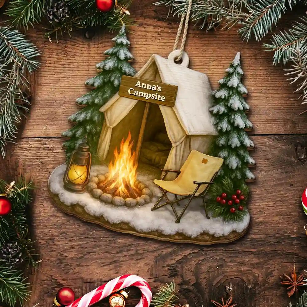 Camping,Campsite,Happy,Christmas,Gift For Couples,Family - Christmas Campsite Scene - Personalized Custom Shaped Wooden Ornament