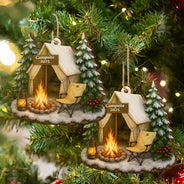 Camping,Campsite,Happy,Christmas,Gift For Couples,Family - Christmas Campsite Scene - Personalized Custom Shaped Wooden Ornament