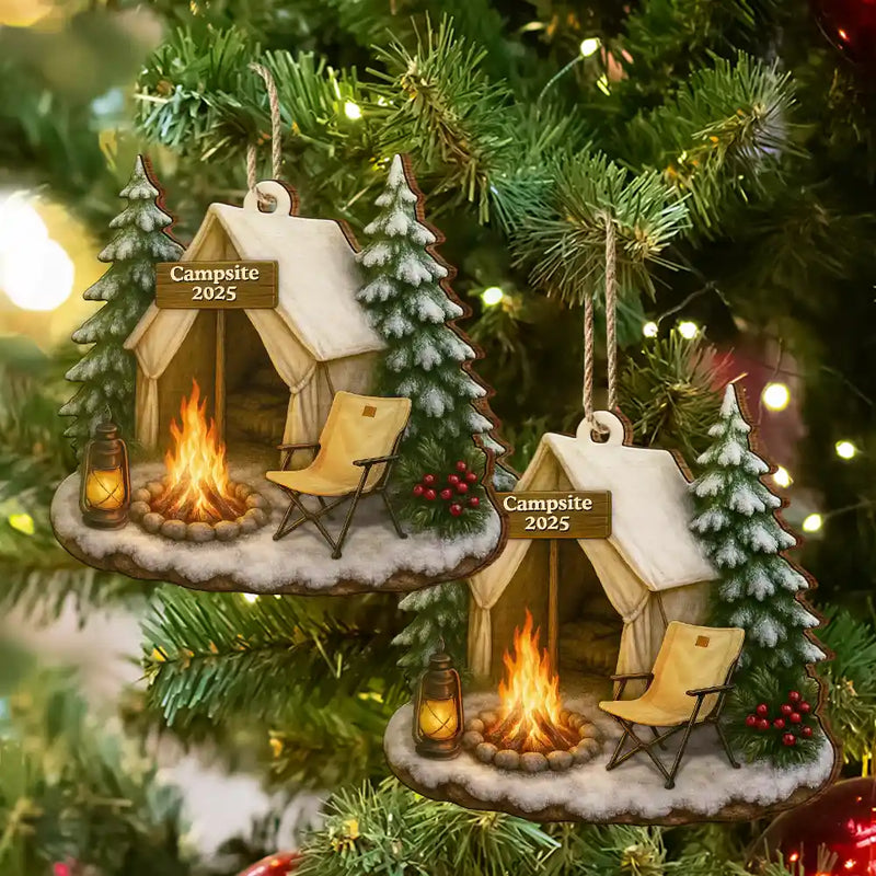 Camping,Campsite,Happy,Christmas,Gift For Couples,Family - Christmas Campsite Scene - Personalized Custom Shaped Wooden Ornament