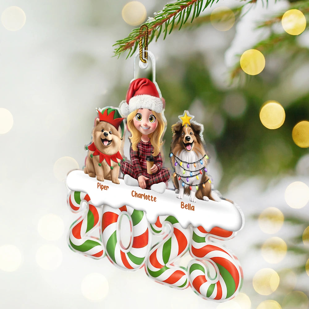 Family,Pet Lovers,Pet Mom,Pet Dad,Pet Couple,Dog Lovers,Dog Couple,Dog Mom,Dog Dad,Cat Lovers,Cat Mom,Cat Dad,Cat Couple,Happy,Christmas,Top Market - Christmas Candy 3D Effect Family Sitting - Personalized Custom Shaped Acrylic Ornament