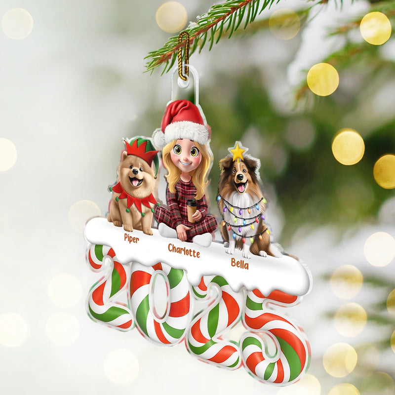 Family,Pet Lovers,Pet Mom,Pet Dad,Pet Couple,Dog Lovers,Dog Couple,Dog Mom,Dog Dad,Cat Lovers,Cat Mom,Cat Dad,Cat Couple,Happy,Christmas,Top Market - Christmas Candy 3D Effect Family Sitting - Personalized Custom Shaped Acrylic Ornament