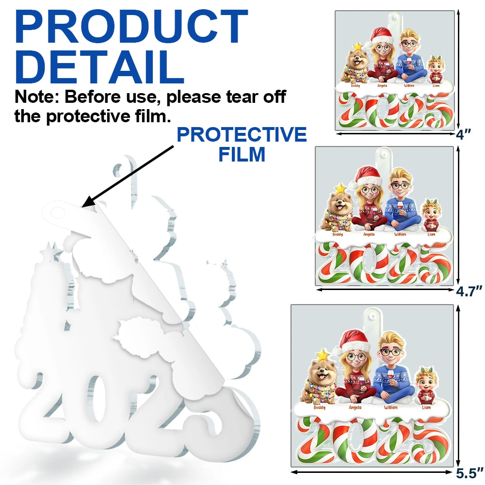 Family,Pet Lovers,Pet Mom,Pet Dad,Pet Couple,Dog Lovers,Dog Couple,Dog Mom,Dog Dad,Cat Lovers,Cat Mom,Cat Dad,Cat Couple,Happy,Christmas,Top Market - Christmas Candy 3D Effect Family Sitting - Personalized Custom Shaped Acrylic Ornament