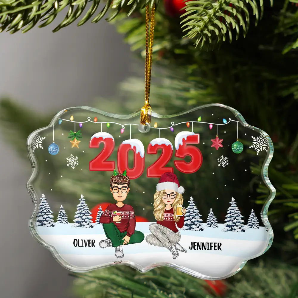Christmas,Family,Dog Lovers,Cat Lovers,Pet Lovers,Parents,Happy - Christmas Cartoon Family Dog Cat - Personalized Medallion Glass Ornament