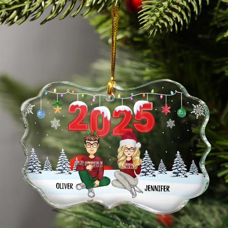 Christmas,Family,Dog Lovers,Cat Lovers,Pet Lovers,Parents,Happy - Christmas Cartoon Family Dog Cat - Personalized Medallion Glass Ornament
