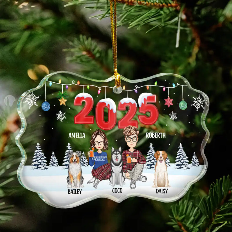 Christmas,Family,Dog Lovers,Cat Lovers,Pet Lovers,Parents,Happy - Christmas Cartoon Family Dog Cat - Personalized Medallion Glass Ornament