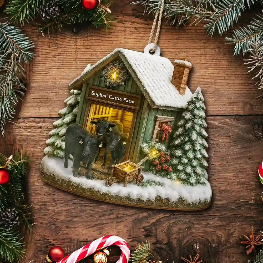 Christmas,Farm,Gift For Yourself,Happy - Christmas Cattle Farm - Personalized Custom Shaped Wooden Ornament