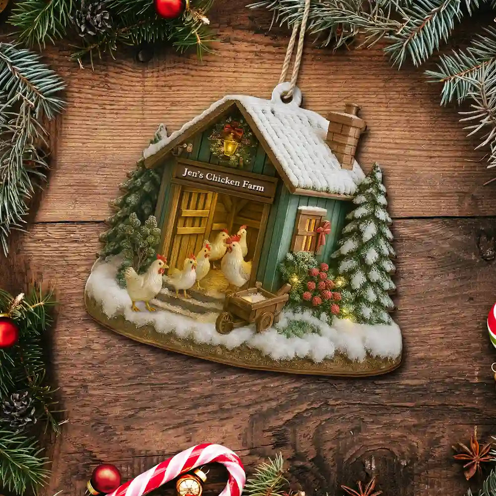 Christmas,Farm,Gift For Yourself,Happy - Christmas Chicken Farm - Personalized Custom Shaped Wooden Ornament