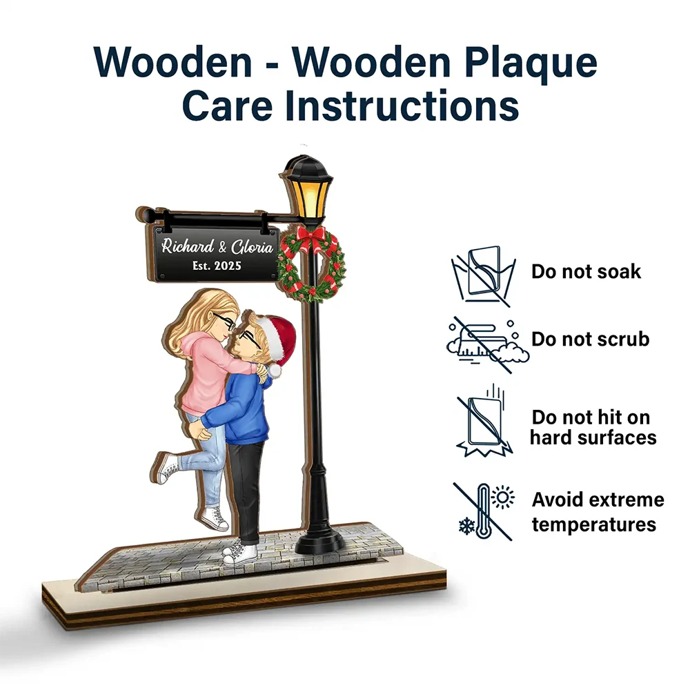 Old Couples,Gift For Husband,Gift For Wife,Gift For Boyfriend,Gift For Girlfriend,Love,Christmas,Non-Eng - Christmas Couple Kissing Under Lamp - Personalized Custom Shaped 2-Layered Wooden Plaque