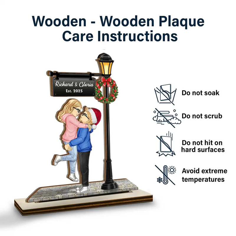 Old Couples,Gift For Husband,Gift For Wife,Gift For Boyfriend,Gift For Girlfriend,Love,Christmas,Non-Eng - Christmas Couple Kissing Under Lamp - Personalized Custom Shaped 2-Layered Wooden Plaque