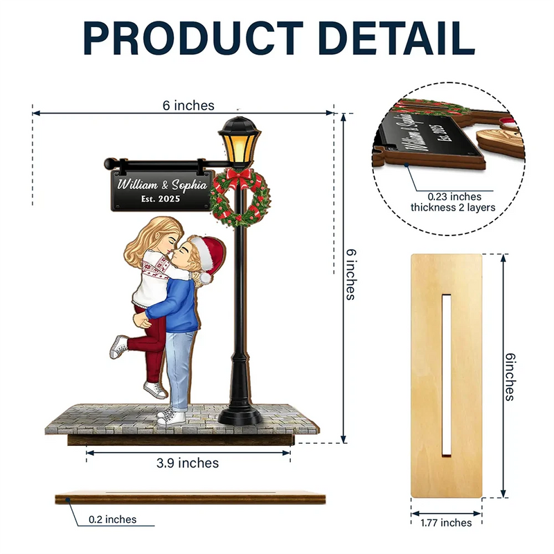 Old Couples,Gift For Husband,Gift For Wife,Gift For Boyfriend,Gift For Girlfriend,Love,Christmas,Non-Eng - Christmas Couple Kissing Under Lamp - Personalized Custom Shaped 2-Layered Wooden Plaque