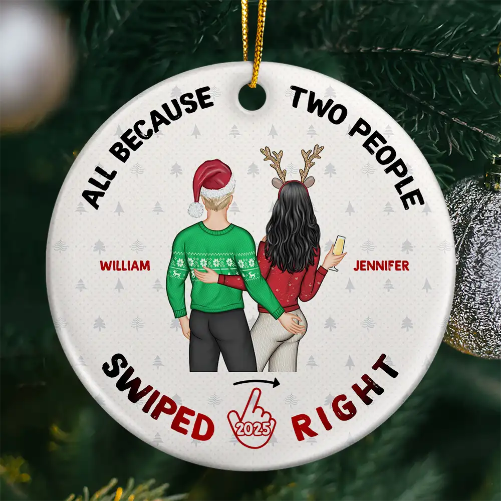 Christmas Couple Swiped Right - Personalized Circle Ceramic Ornament