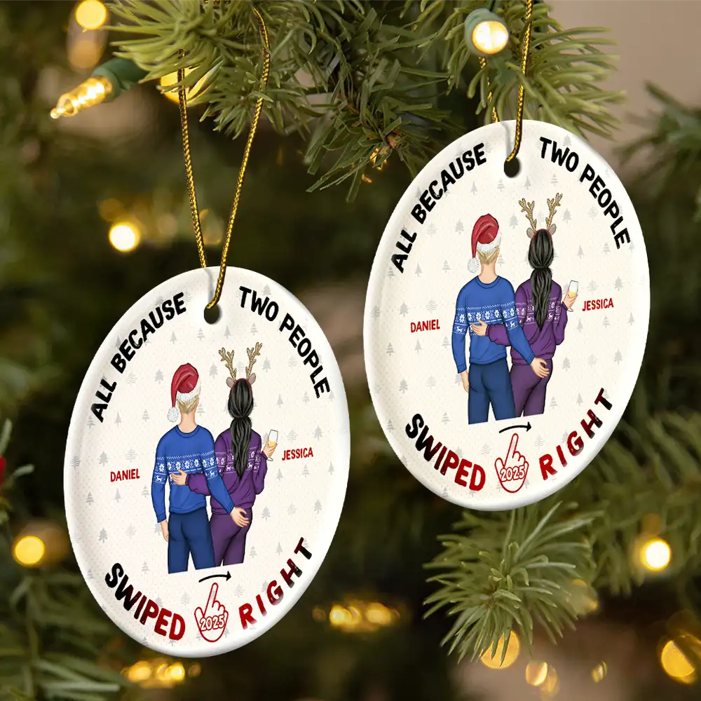 Christmas Couple Swiped Right - Personalized Circle Ceramic Ornament