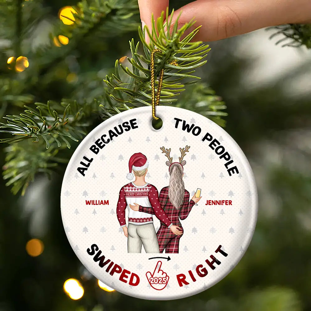 Christmas Couple Swiped Right - Personalized Circle Ceramic Ornament