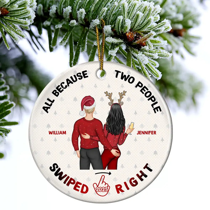 Christmas Couple Swiped Right - Personalized Circle Ceramic Ornament