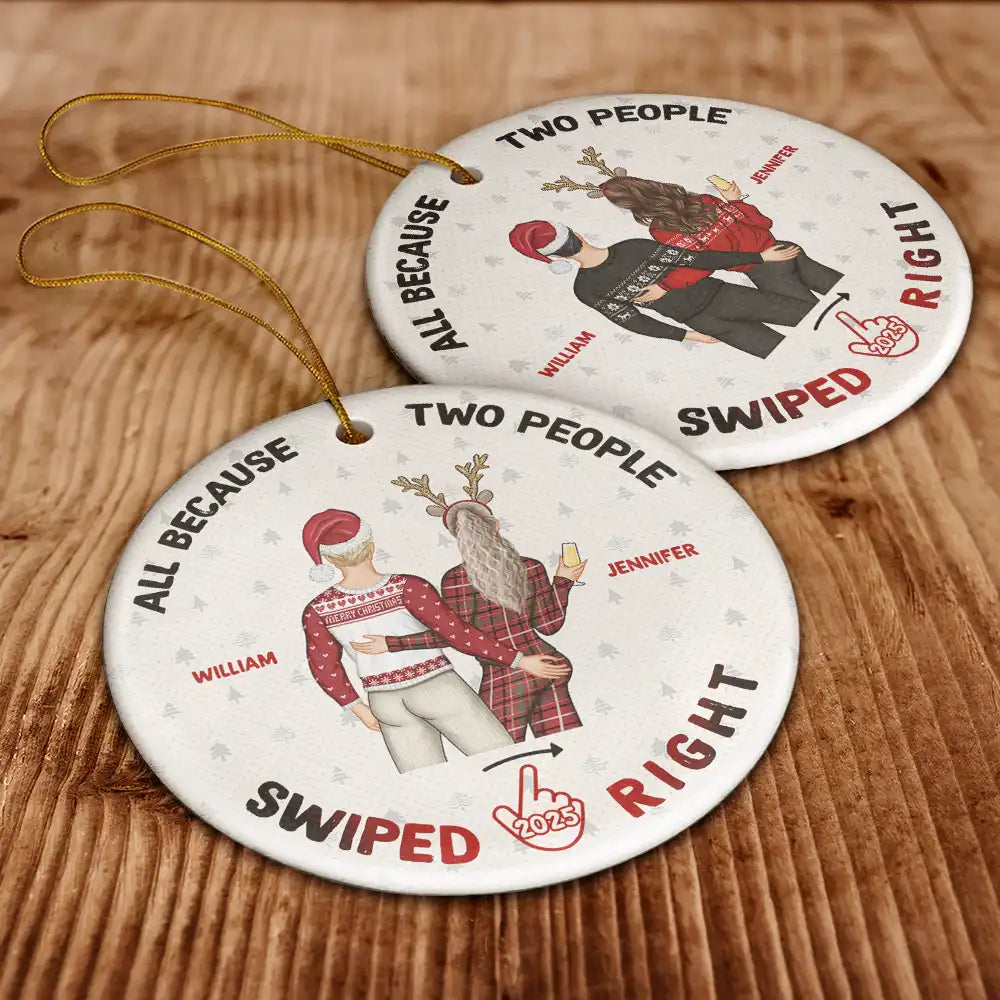 Christmas Couple Swiped Right - Personalized Circle Ceramic Ornament