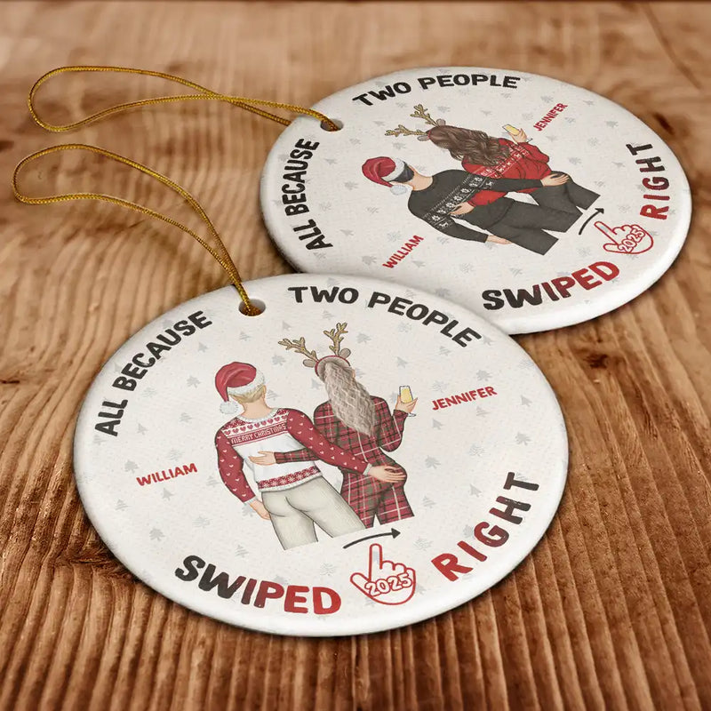 Christmas Couple Swiped Right - Personalized Circle Ceramic Ornament