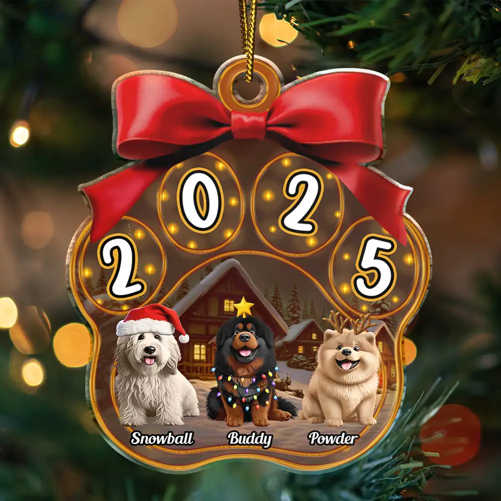 Christmas,Top Market,Pet Lovers,Pet Mom,Pet Dad,Dog Lovers,Dog Mom,Dog Dad,Happy - Christmas Dogs Pawprint - Personalized Custom Shaped Acrylic Ornament