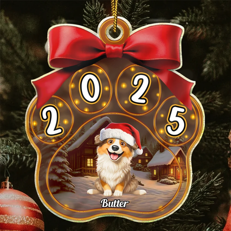 Christmas,Top Market,Pet Lovers,Pet Mom,Pet Dad,Dog Lovers,Dog Mom,Dog Dad,Happy - Christmas Dogs Pawprint - Personalized Custom Shaped Acrylic Ornament