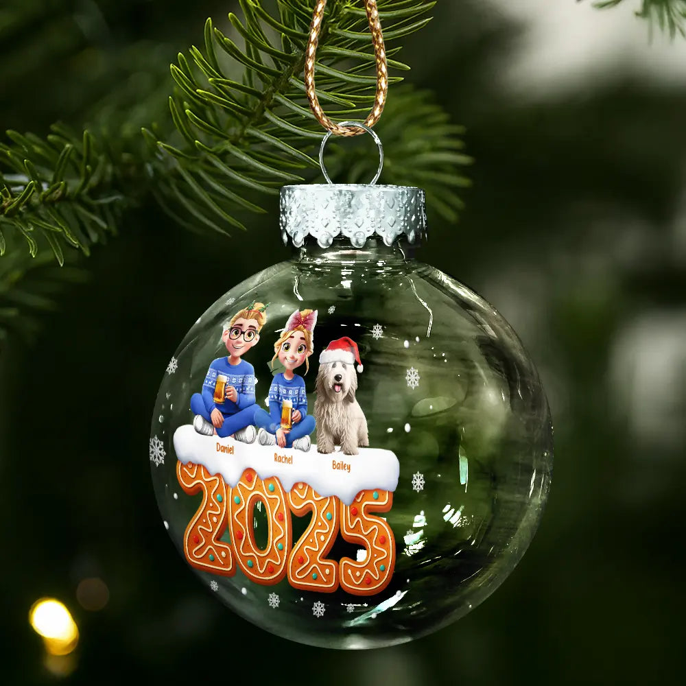 Family,Pet Lovers,Pet Mom,Pet Dad,Pet Couple,Dog Lovers,Dog Couple,Dog Mom,Dog Dad,Cat Lovers,Cat Mom,Cat Dad,Cat Couple,Happy,Christmas - Christmas Family Gingerbread 3D Effect - Personalized Ball Ornament