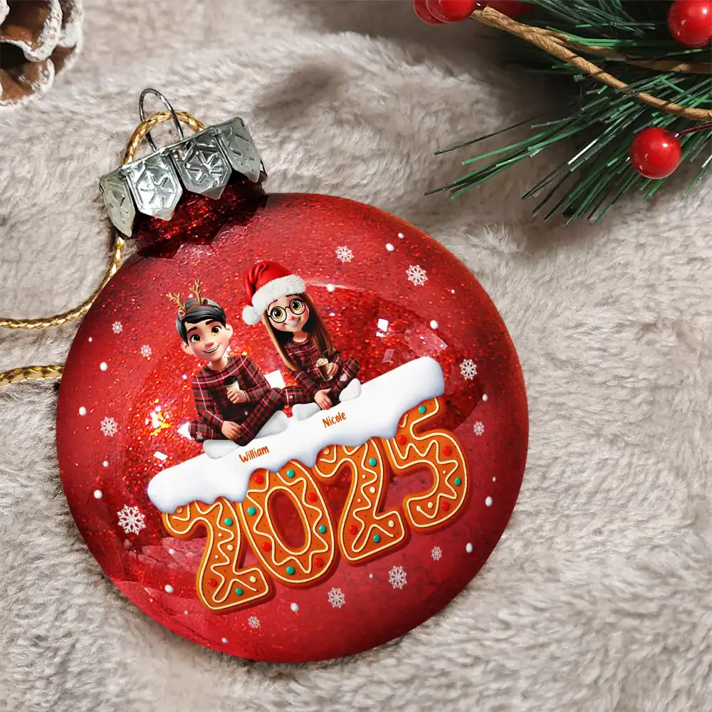 Family,Pet Lovers,Pet Mom,Pet Dad,Pet Couple,Dog Lovers,Dog Couple,Dog Mom,Dog Dad,Cat Lovers,Cat Mom,Cat Dad,Cat Couple,Happy,Christmas - Christmas Family Gingerbread 3D Effect - Personalized Ball Ornament