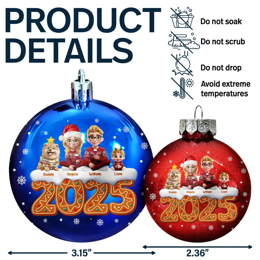 Family,Pet Lovers,Pet Mom,Pet Dad,Pet Couple,Dog Lovers,Dog Couple,Dog Mom,Dog Dad,Cat Lovers,Cat Mom,Cat Dad,Cat Couple,Happy,Christmas - Christmas Family Gingerbread 3D Effect - Personalized Ball Ornament