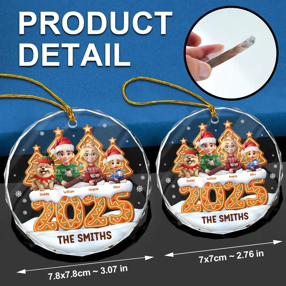 Family,Pet Lovers,Pet Mom,Pet Dad,Pet Couple,Dog Lovers,Dog Couple,Dog Mom,Dog Dad,Cat Lovers,Cat Mom,Cat Dad,Cat Couple,Happy,Christmas - Christmas Family Gingerbread 3D Effect - Personalized Circle Glass Ornament