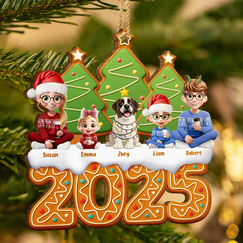 Family,Pet Lovers,Pet Mom,Pet Dad,Pet Couple,Dog Lovers,Dog Couple,Dog Mom,Dog Dad,Cat Lovers,Cat Mom,Cat Dad,Cat Couple,Happy,Christmas - Christmas Family Gingerbread 3D Effect - Personalized Custom Shaped Wooden Ornament