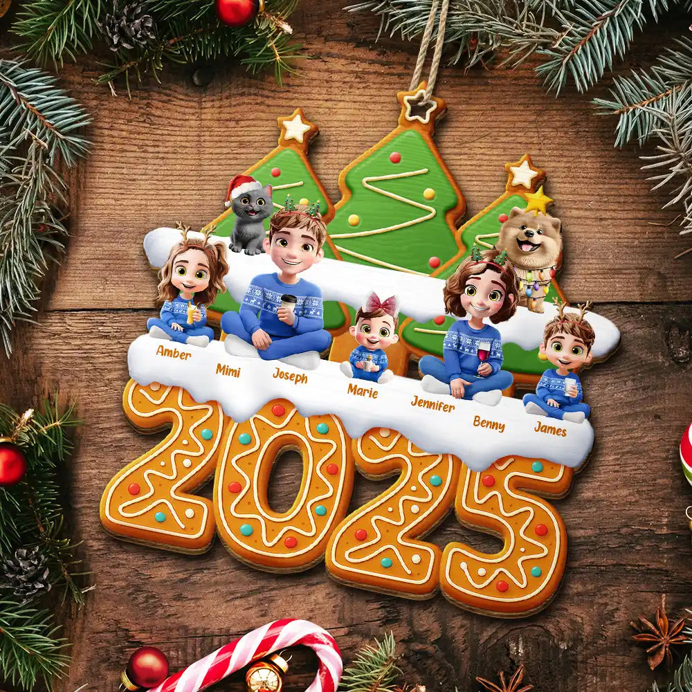 Family,Pet Lovers,Pet Mom,Pet Dad,Pet Couple,Dog Lovers,Dog Couple,Dog Mom,Dog Dad,Cat Lovers,Cat Mom,Cat Dad,Cat Couple,Happy,Christmas - Christmas Family Gingerbread 3D Effect - Personalized Custom Shaped Wooden Ornament