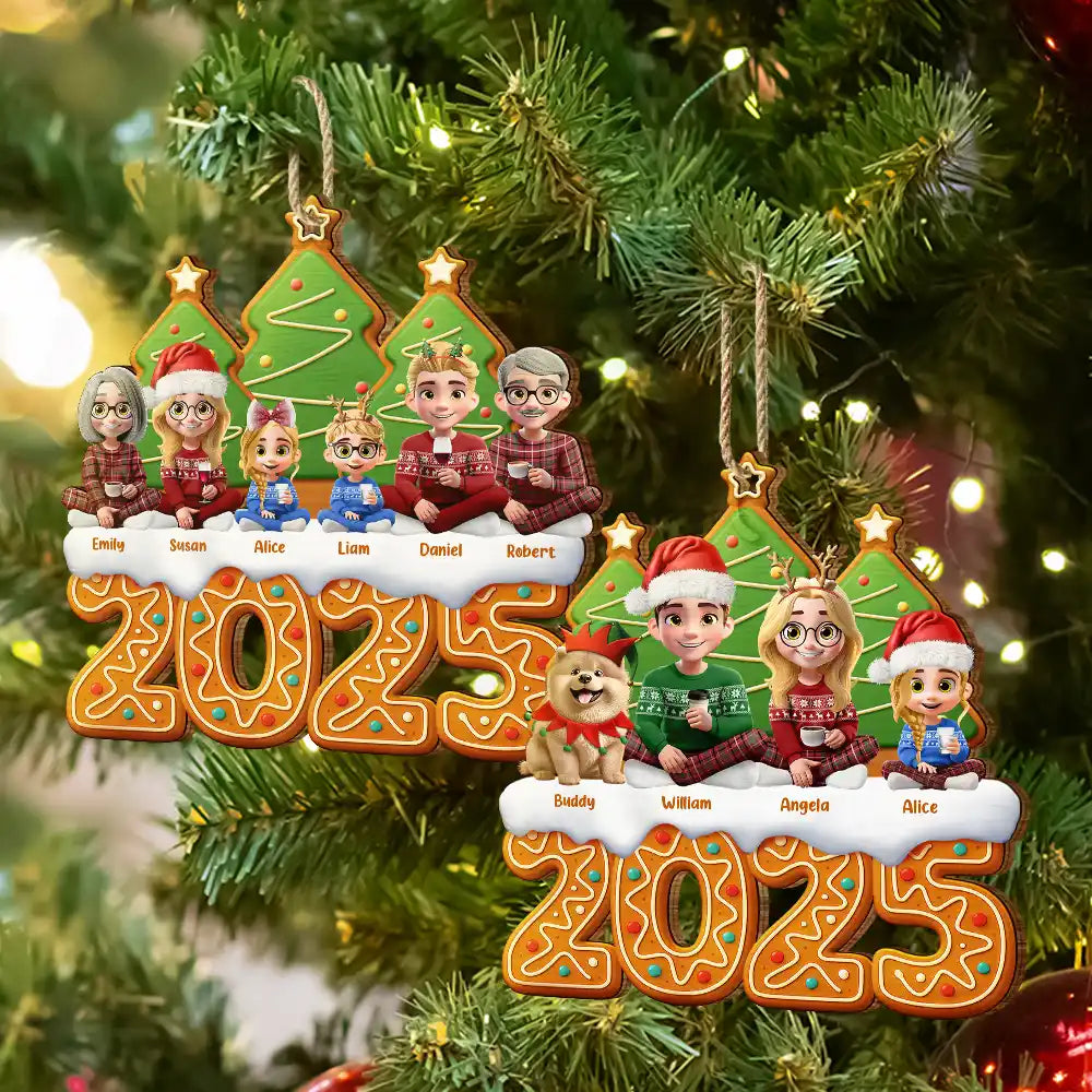 Family,Pet Lovers,Pet Mom,Pet Dad,Pet Couple,Dog Lovers,Dog Couple,Dog Mom,Dog Dad,Cat Lovers,Cat Mom,Cat Dad,Cat Couple,Happy,Christmas - Christmas Family Gingerbread 3D Effect - Personalized Custom Shaped Wooden Ornament