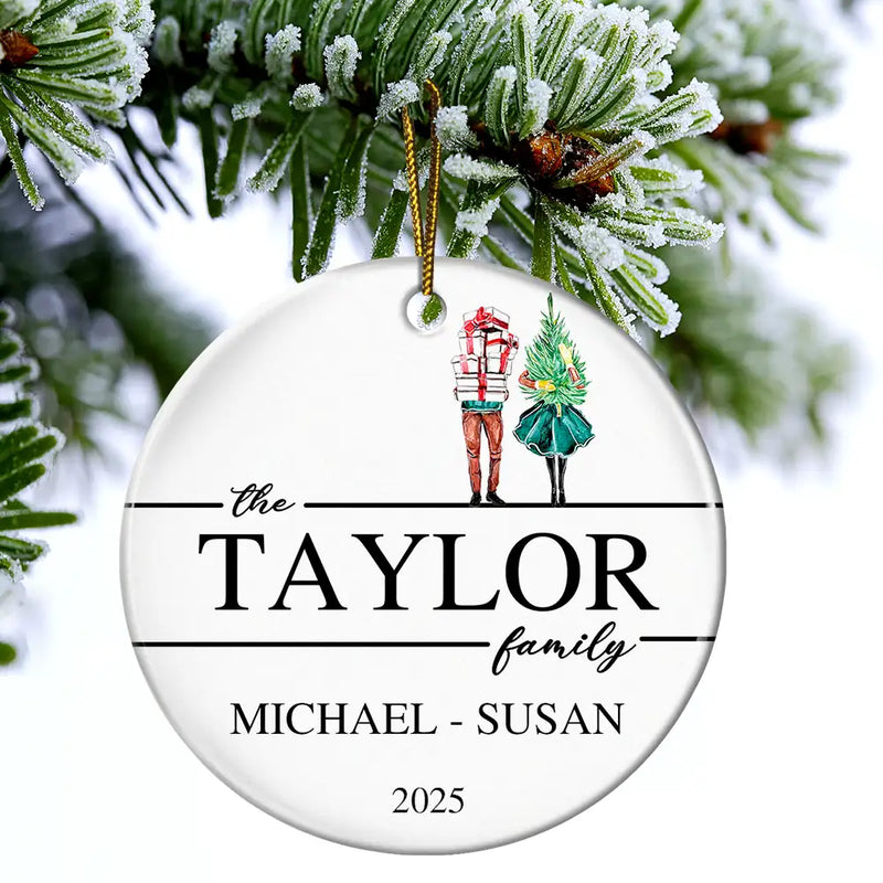 Family, Happy, Christmas - Christmas Family Members Holiday Shopping Watercolor - Personalized Circle Ceramic Ornament