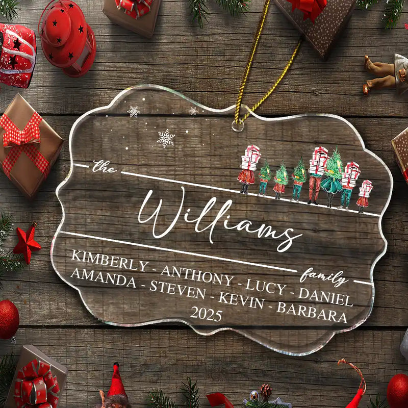 Family, Happy, Christmas - Christmas Family Members Holiday Shopping Watercolor - Personalized Medallion Acrylic Ornament