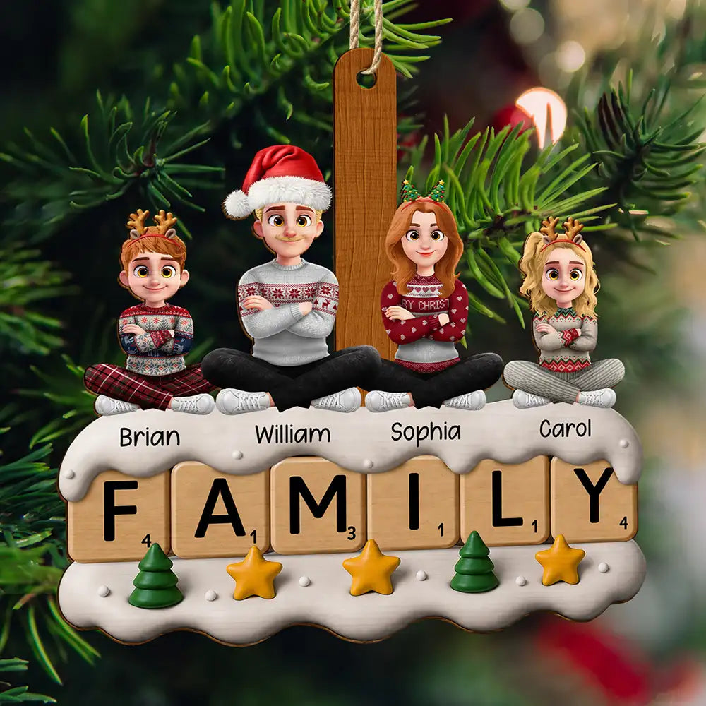 Christmas,Family,Vector,Happy - Christmas Family Sitting Scrabble - Personalized Custom Shaped Wooden Ornament