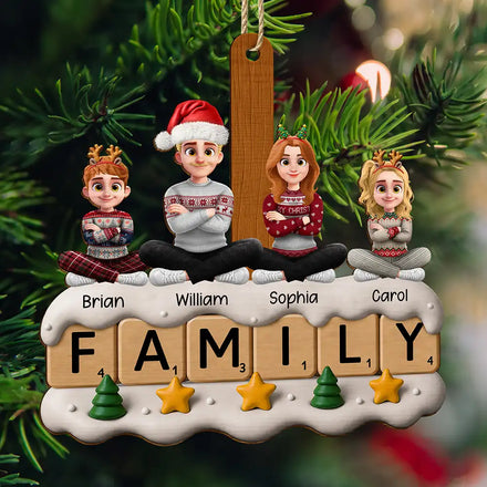 Christmas Family Sitting Scrabble - Personalized Custom Shaped Wooden Ornament